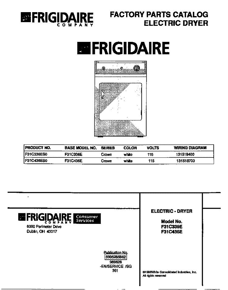 COVER Diagram and Parts List for F31C336ES0  Frigidaire Dryer