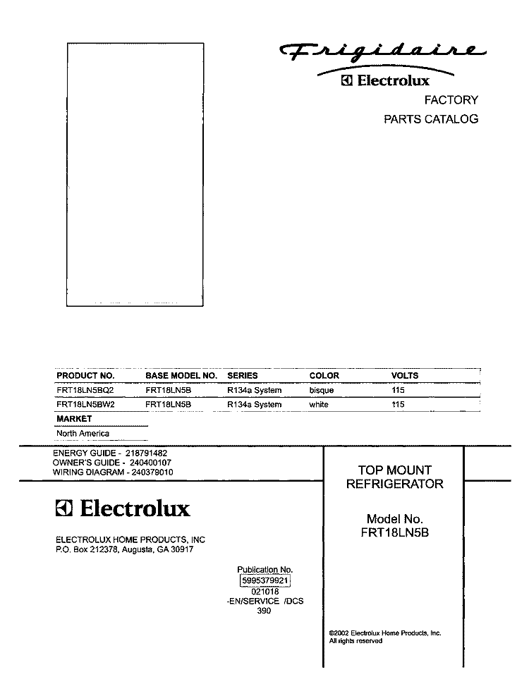 COVER Diagram and Parts List for FRT18LN5BW2  Frigidaire Refrigerator