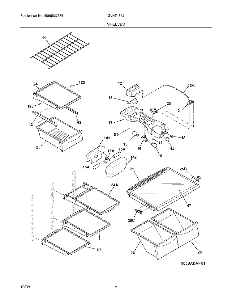 SHELVES Diagram and Parts List for GLHT186JPB1  Frigidaire Refrigerator