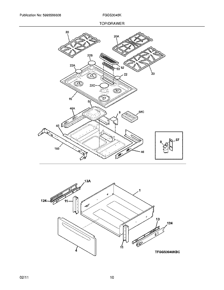 TOP/DRAWER Diagram and Parts List for FGGS3045KBD  Frigidaire Range