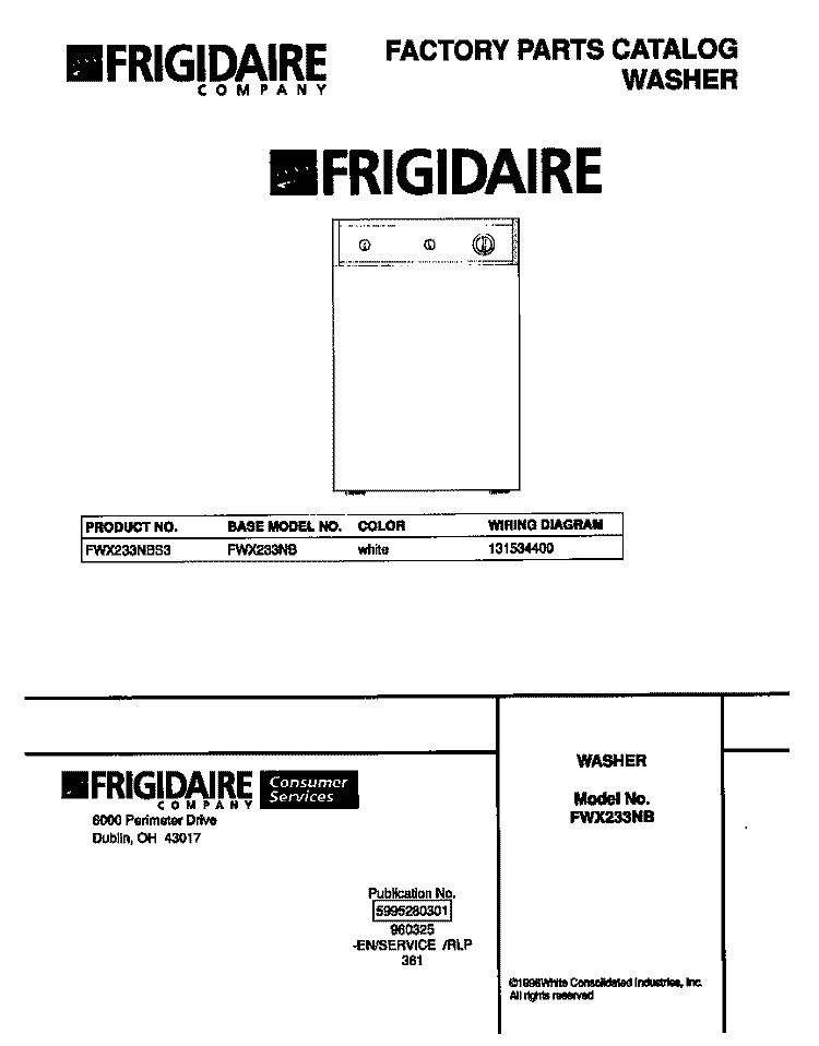 COVER Diagram and Parts List for FWX233NBS3  Frigidaire Washer