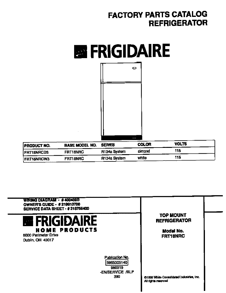 COVER Diagram and Parts List for FRT18NRCD3  Frigidaire Refrigerator