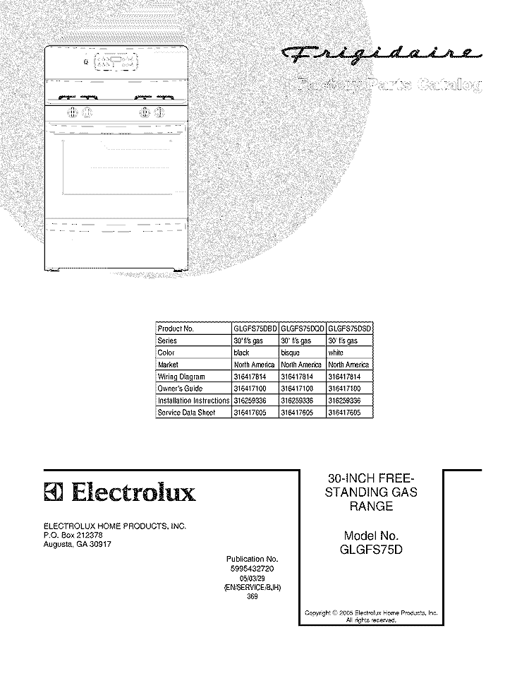 COVER Diagram and Parts List for GLGFS75DQD  Frigidaire Range
