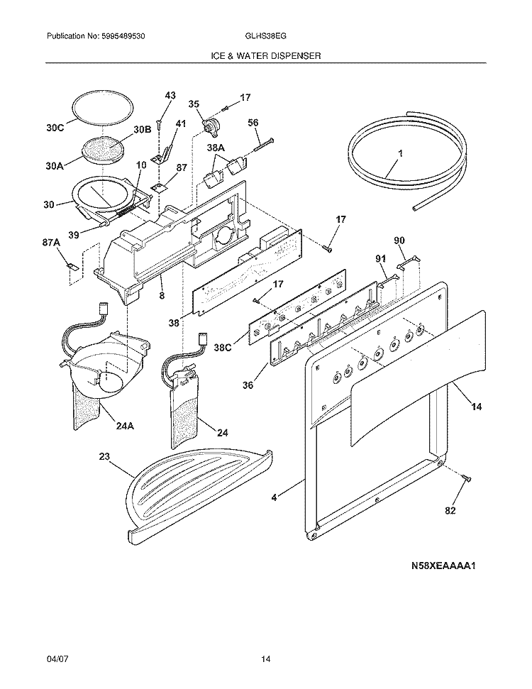 ICE & WATER DISPENSER Diagram and Parts List for GLHS38EGSB3  Frigidaire Refrigerator