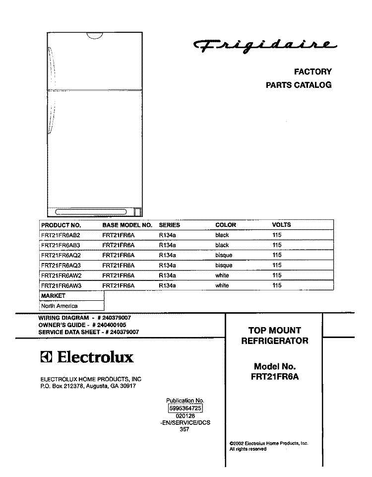 COVER Diagram and Parts List for FRT21FR6AB3  Frigidaire Refrigerator