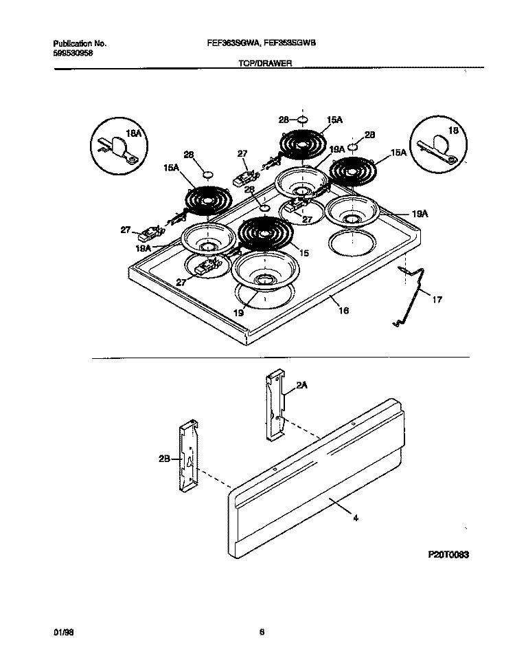 TOP / DRAWER Diagram and Parts List for FEF363SGWA  Frigidaire Range