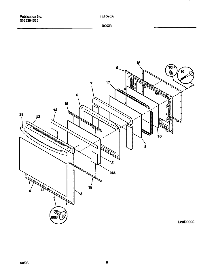 DOOR Diagram and Parts List for FEF376AQJ  Frigidaire Range