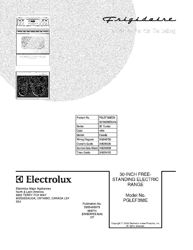 COVER Diagram and Parts List for PGLEF388ES4  Frigidaire Range