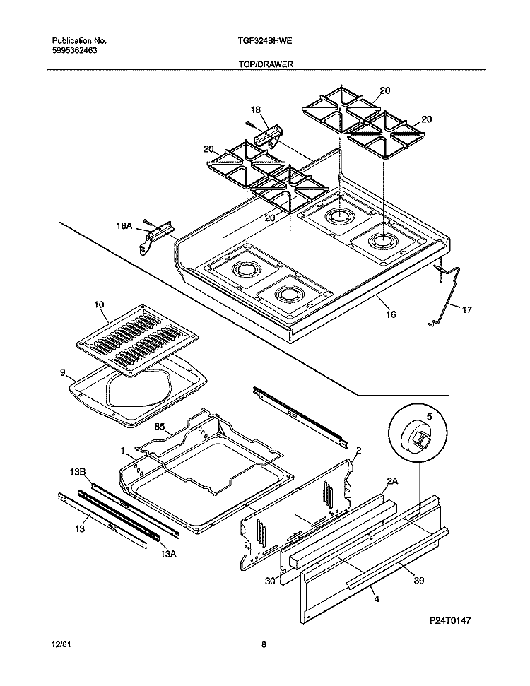 TOP / DRAWER Diagram and Parts List for TGF324BHWE  Tappan Range