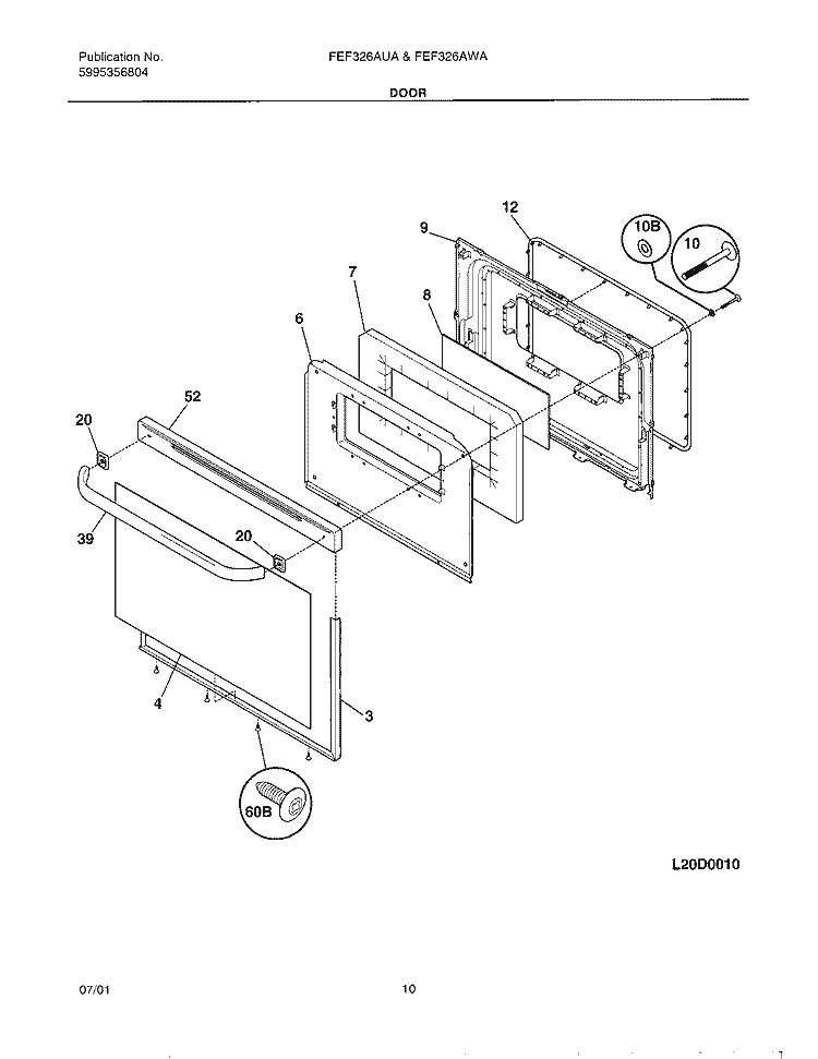 DOOR Diagram and Parts List for FEF326AWA  Frigidaire Range