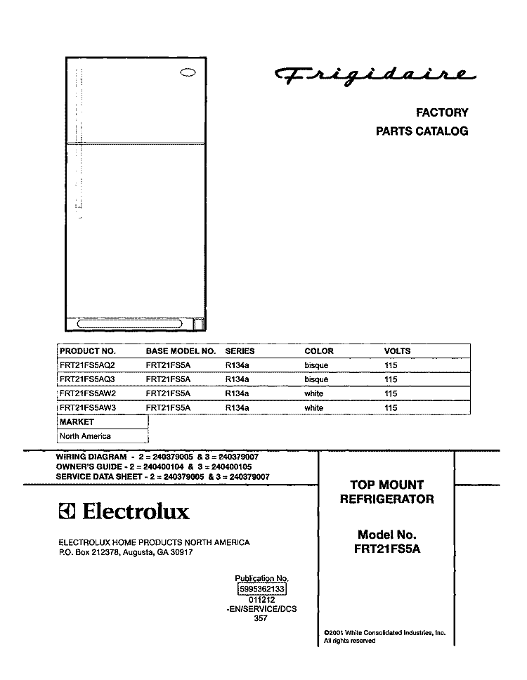 COVER Diagram and Parts List for FRT21FS5AW2  Frigidaire Refrigerator