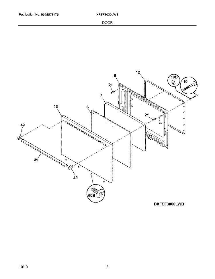DOOR Diagram and Parts List for XFEF3000LWB  Frigidaire Range