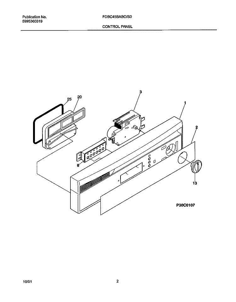 CONTROL PANEL Diagram and Parts List for FDBC45BAS0  Frigidaire Dishwasher