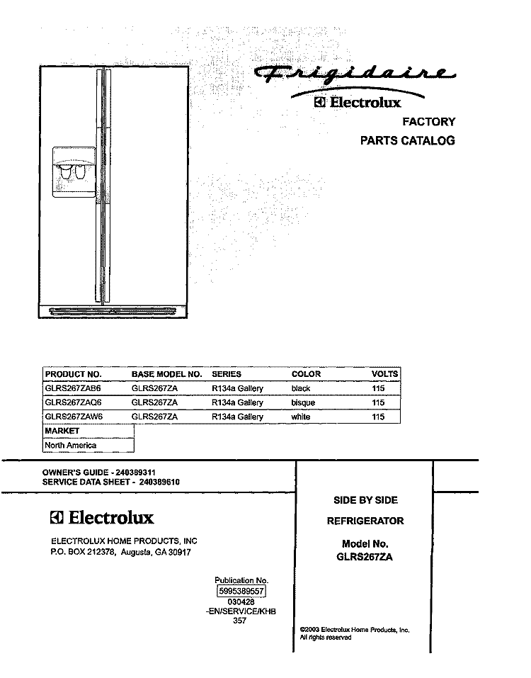 COVER Diagram and Parts List for GLRS267ZAW6  Frigidaire Refrigerator