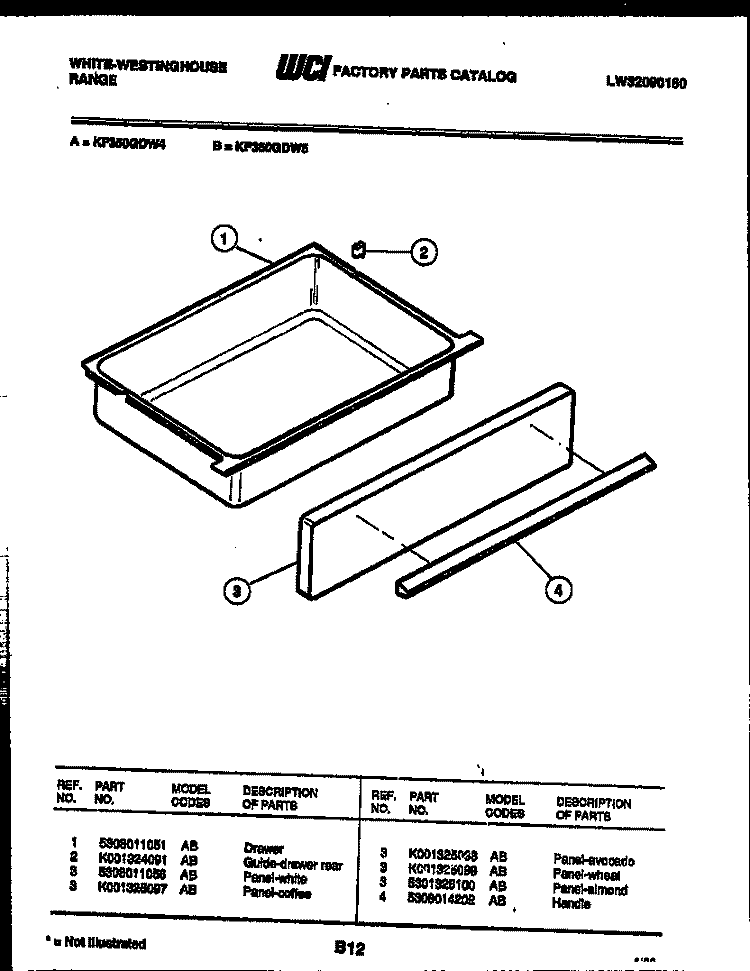 DRAWER PARTS Diagram and Parts List for KF350GDD4  Frigidaire Range