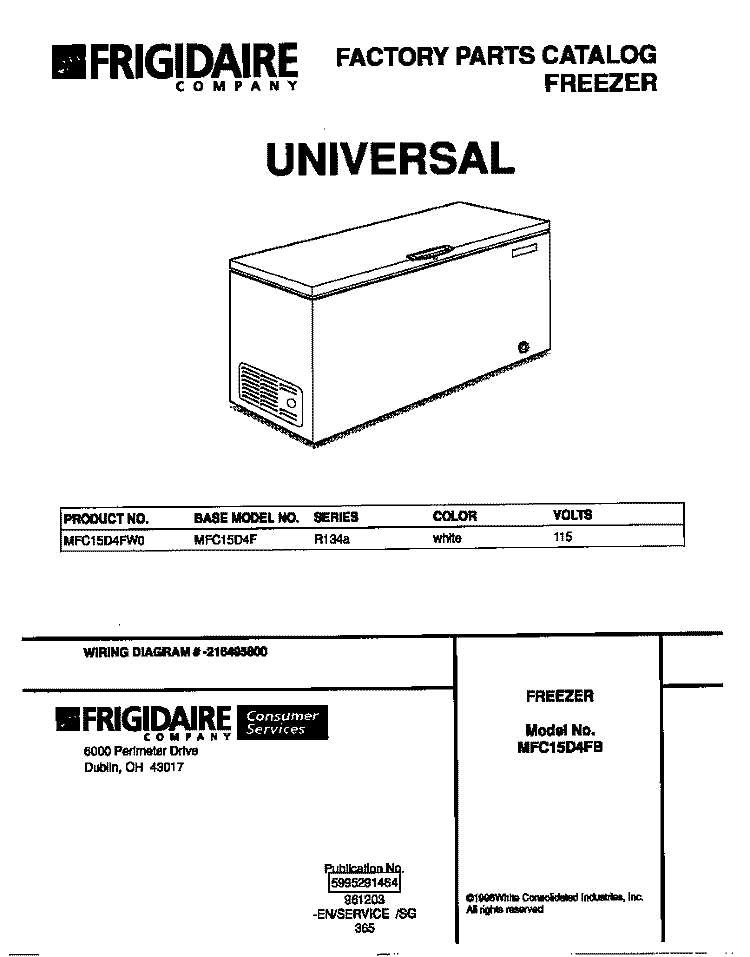 COVER Diagram and Parts List for MFC15D4FW0  Frigidaire Freezer