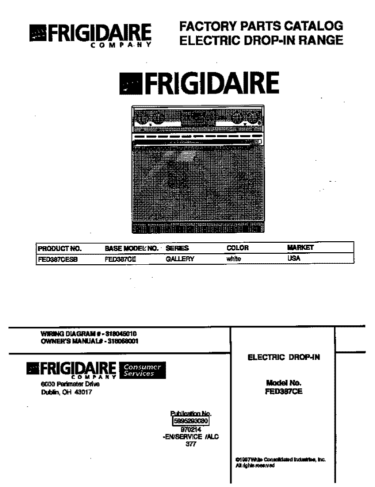 COVER Diagram and Parts List for FED387CESB  Frigidaire Wall Oven