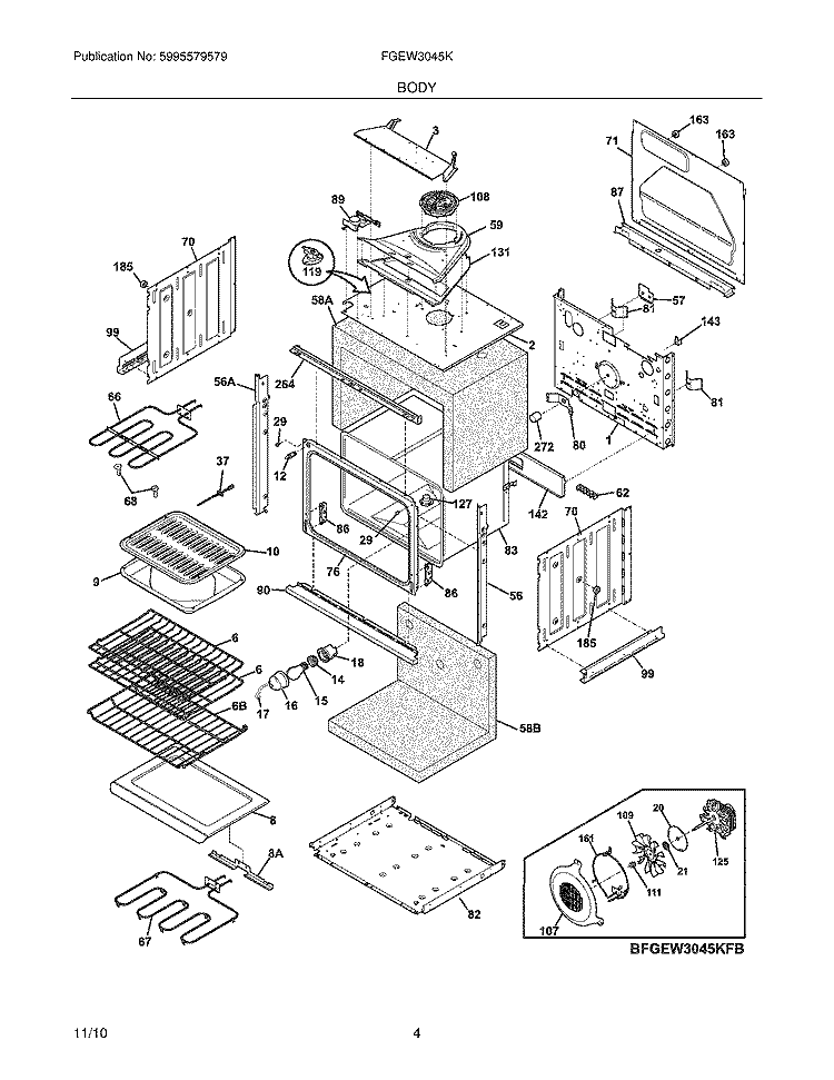 BODY Diagram and Parts List for FGEW3045KBB  Frigidaire Wall Oven