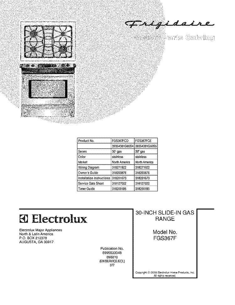 COVER Diagram and Parts List for FGS367FCD  Frigidaire Range