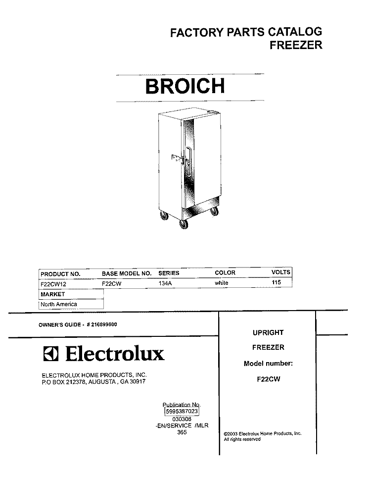 COVER Diagram and Parts List for F22CW12  Frigidaire Freezer