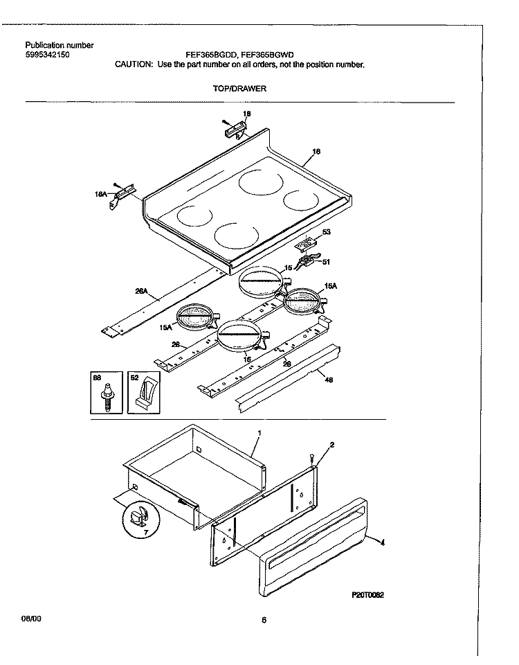 TOP / DRAWER Diagram and Parts List for FEF365BGWD  Frigidaire Range