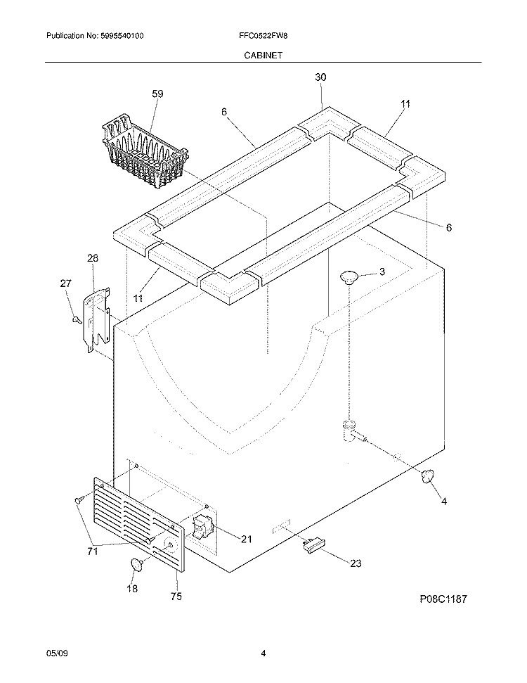 CABINET Diagram and Parts List for FFC0522FW8  Frigidaire Freezer