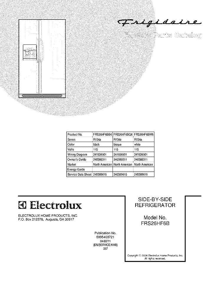 COVER Diagram and Parts List for FRS26HF6BB6  Frigidaire Refrigerator