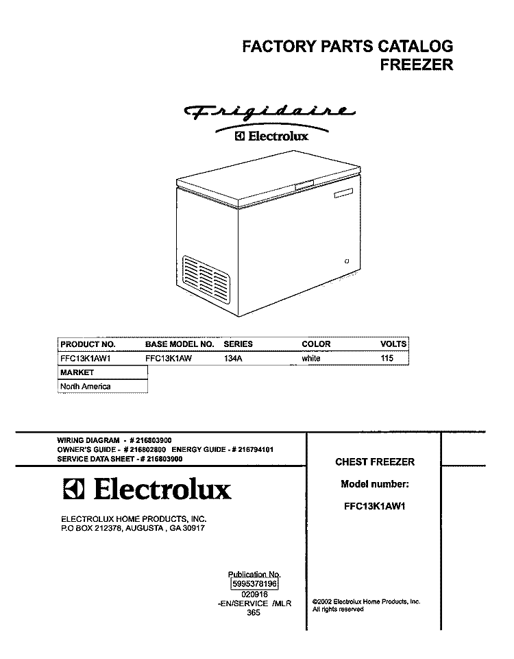 COVER Diagram and Parts List for FFC13K1AW1  Frigidaire Freezer