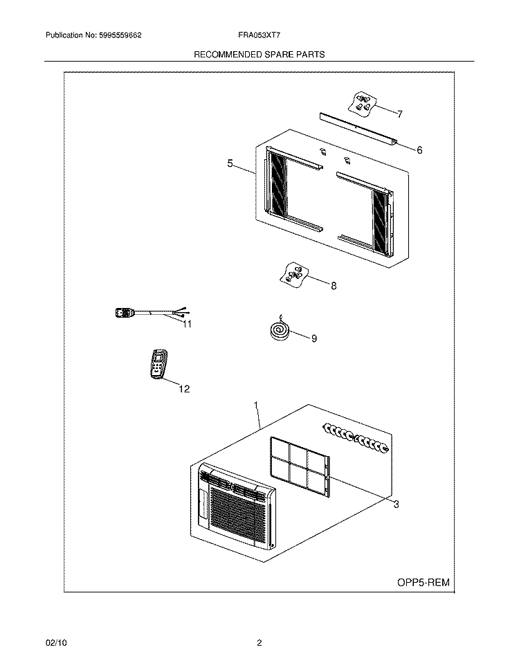 RECOMMENDED SPARE PARTS Diagram and Parts List for FRA053XT73  Frigidaire Air Conditioner