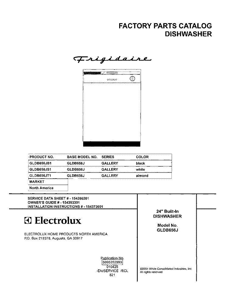 COVER Diagram and Parts List for GLDB656JT1  Frigidaire Dishwasher