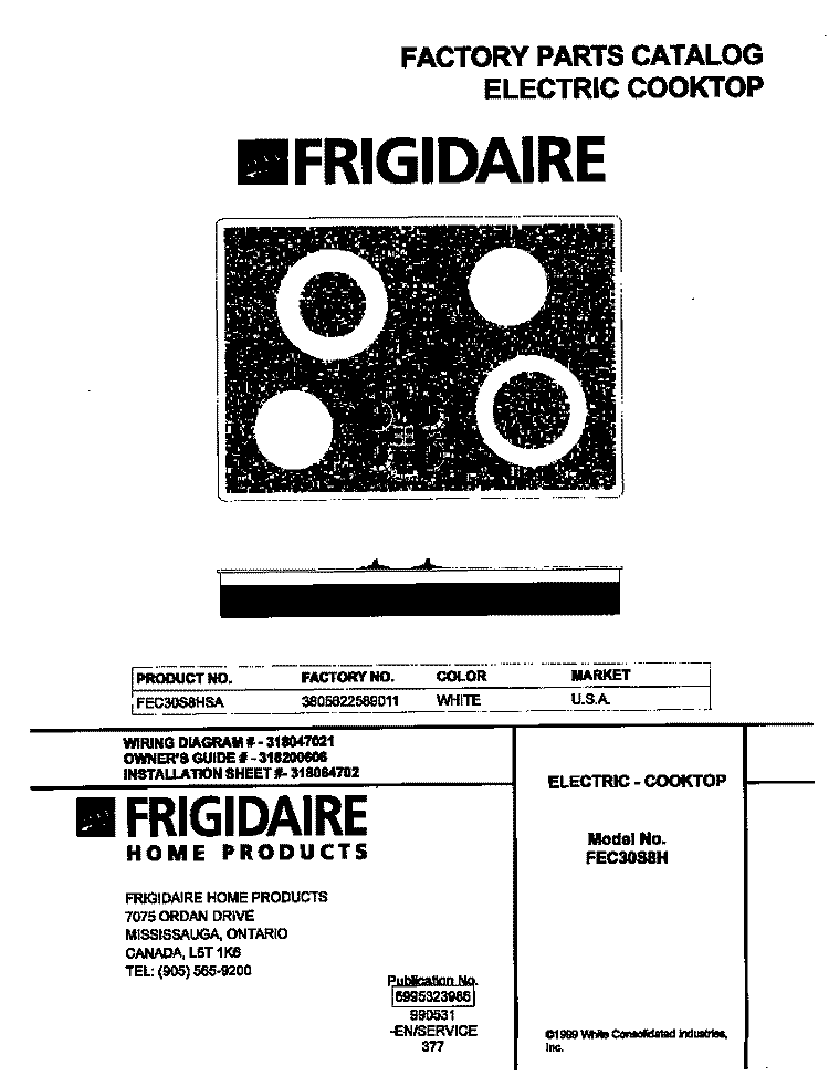 COVER Diagram and Parts List for FEC30S8HSA  Frigidaire Cooktop