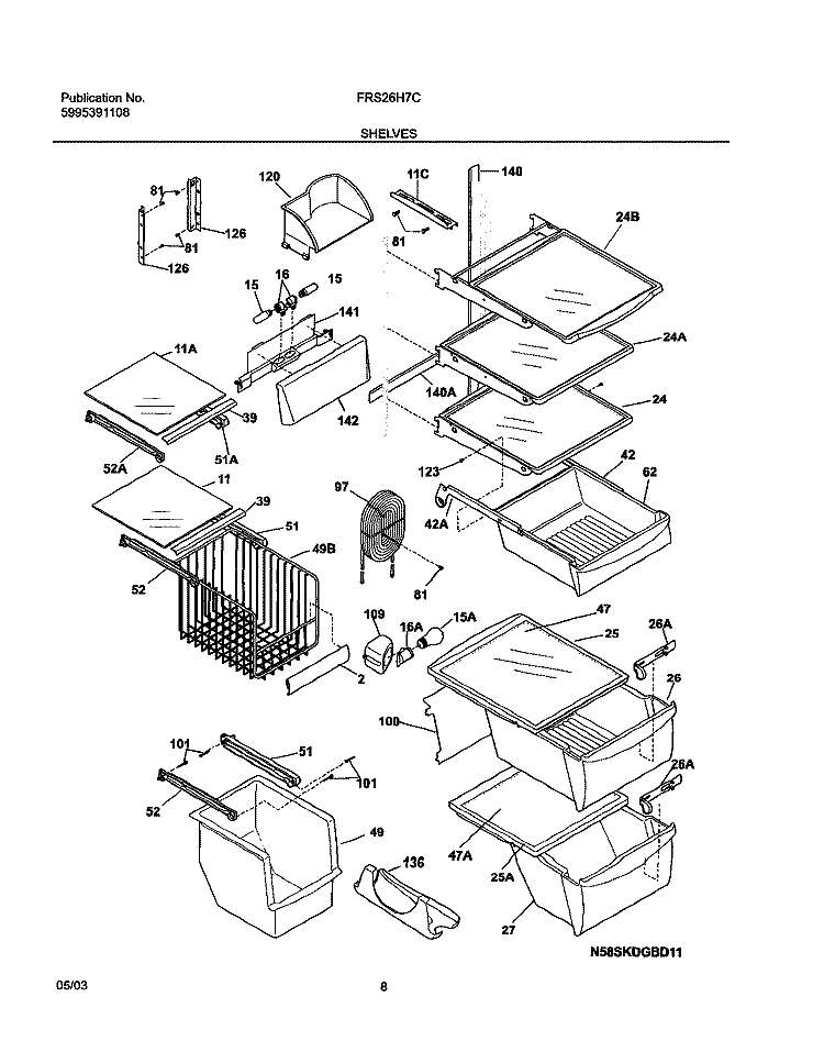 SHELVES Diagram and Parts List for FRS26H7CW0  Frigidaire Refrigerator