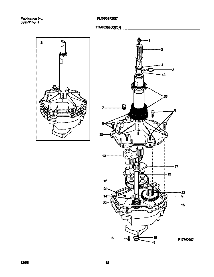 TRANSMISSION Diagram and Parts List for FLXG52RBS7  Frigidaire Washer Dryer Combo
