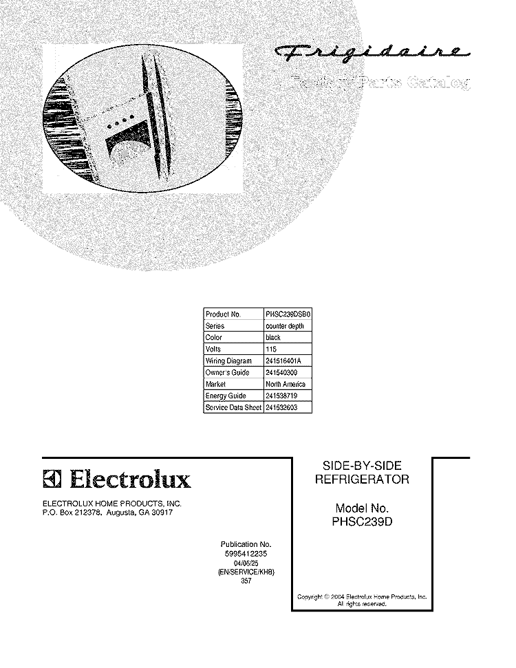 COVER Diagram and Parts List for PHSC239DSB0  Frigidaire Refrigerator