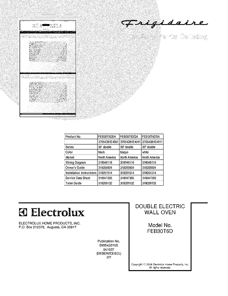 COVER Diagram and Parts List for FEB30T6DQA  Frigidaire Wall Oven