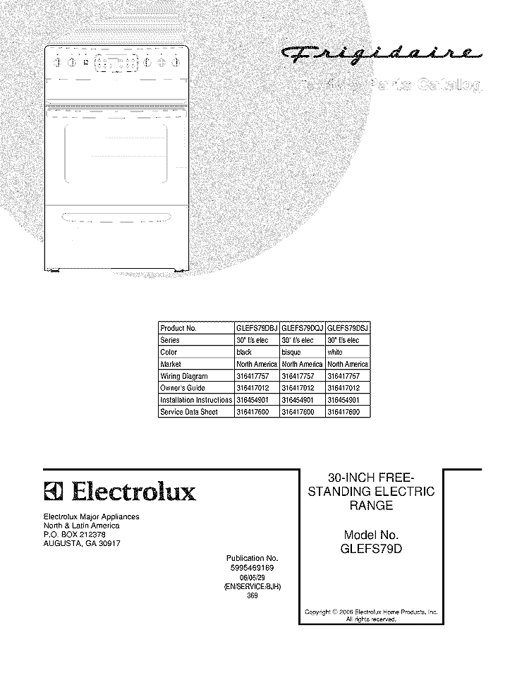 COVER Diagram and Parts List for GLEFS79DBJ  Frigidaire Range