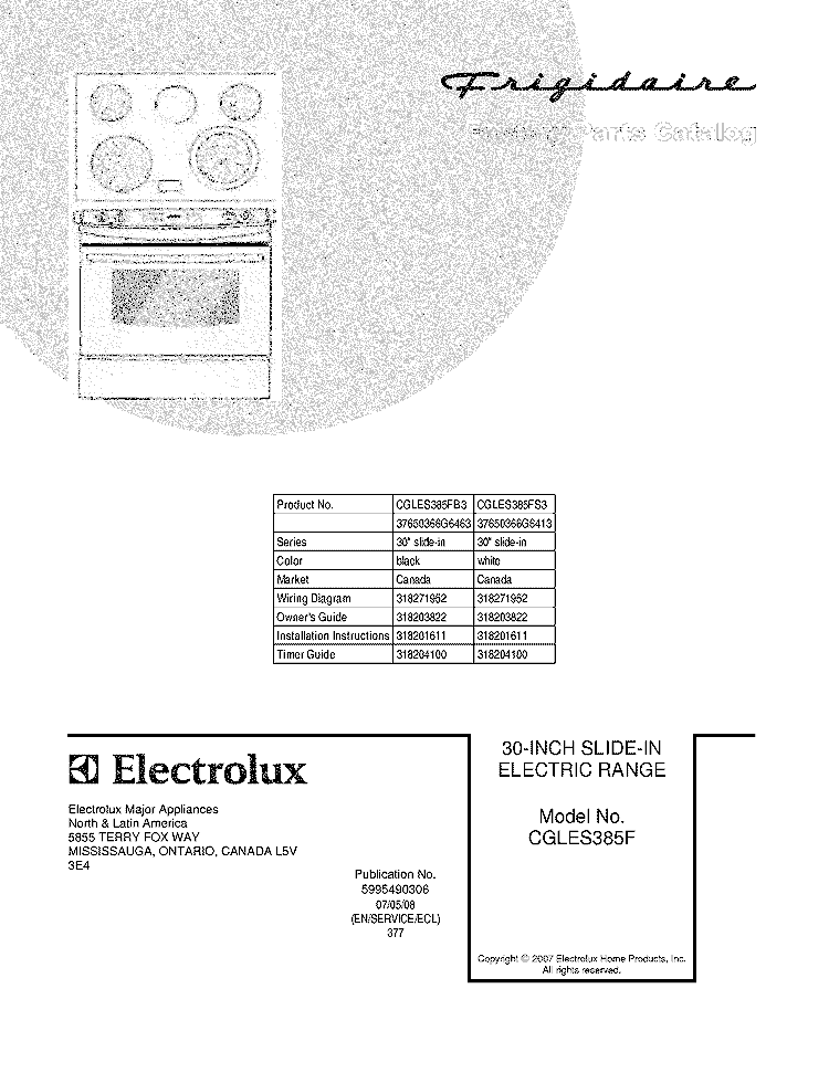 COVER Diagram and Parts List for CGLES385FS3  Frigidaire Wall Oven
