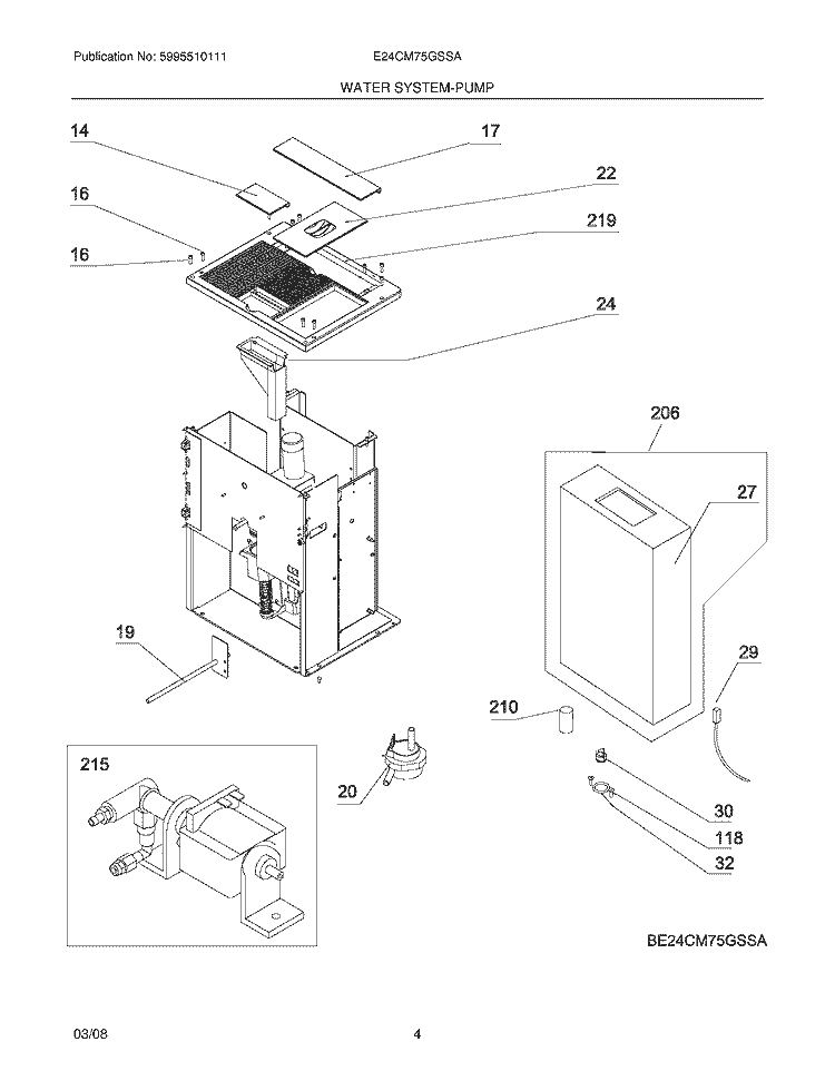 WATER SYSTEM - PUMP Diagram and Parts List for E24CM75GSSA  Electrolux Coffee Maker