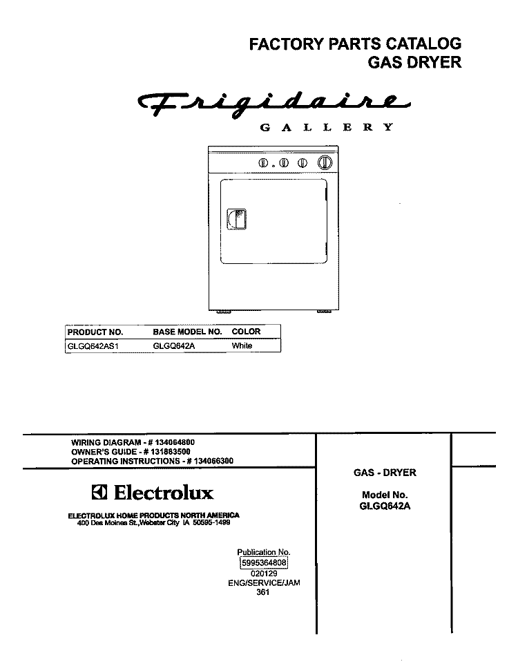 COVER Diagram and Parts List for GLGQ642AS1  Frigidaire Dryer
