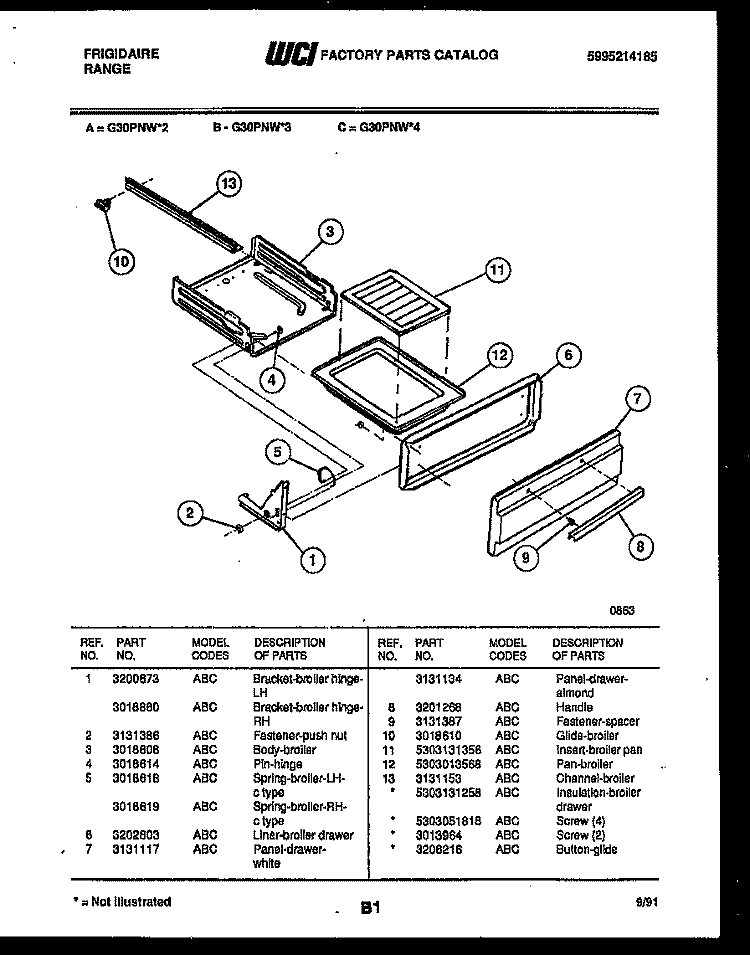 BROILER DRAWER PARTS Diagram and Parts List for G30PNL2  Frigidaire Range