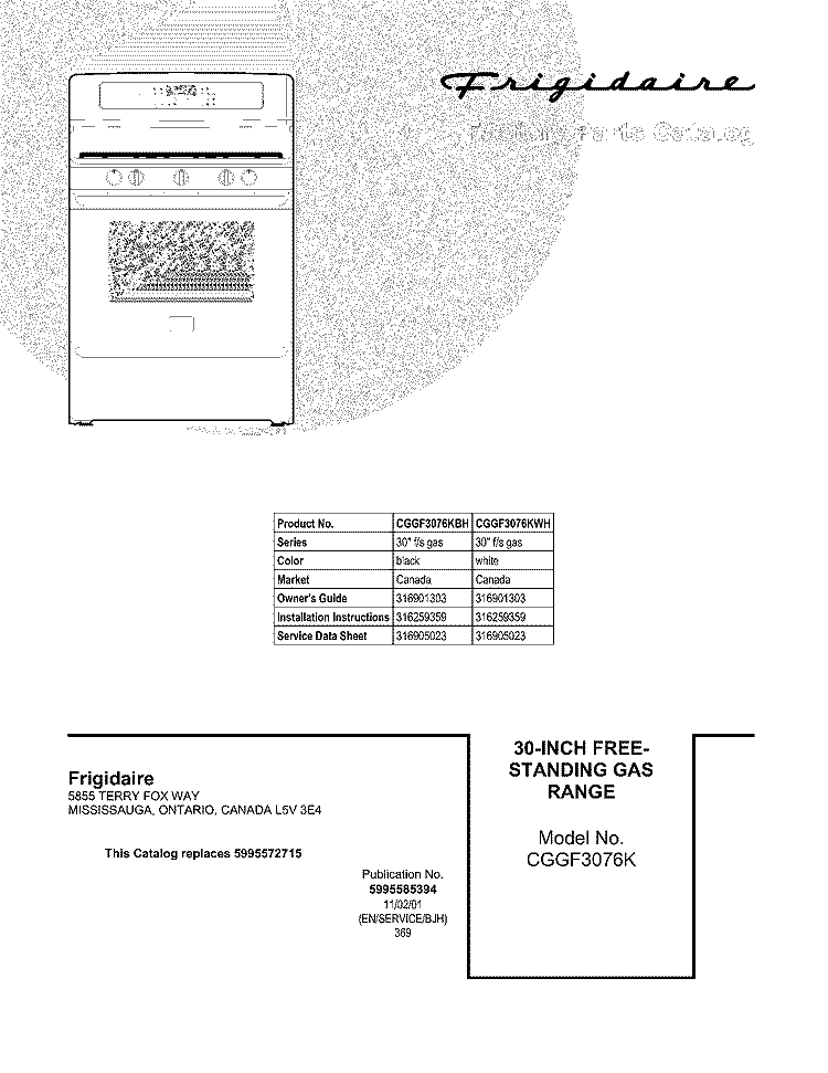 COVER Diagram and Parts List for CGGF3076KWH  Frigidaire Range