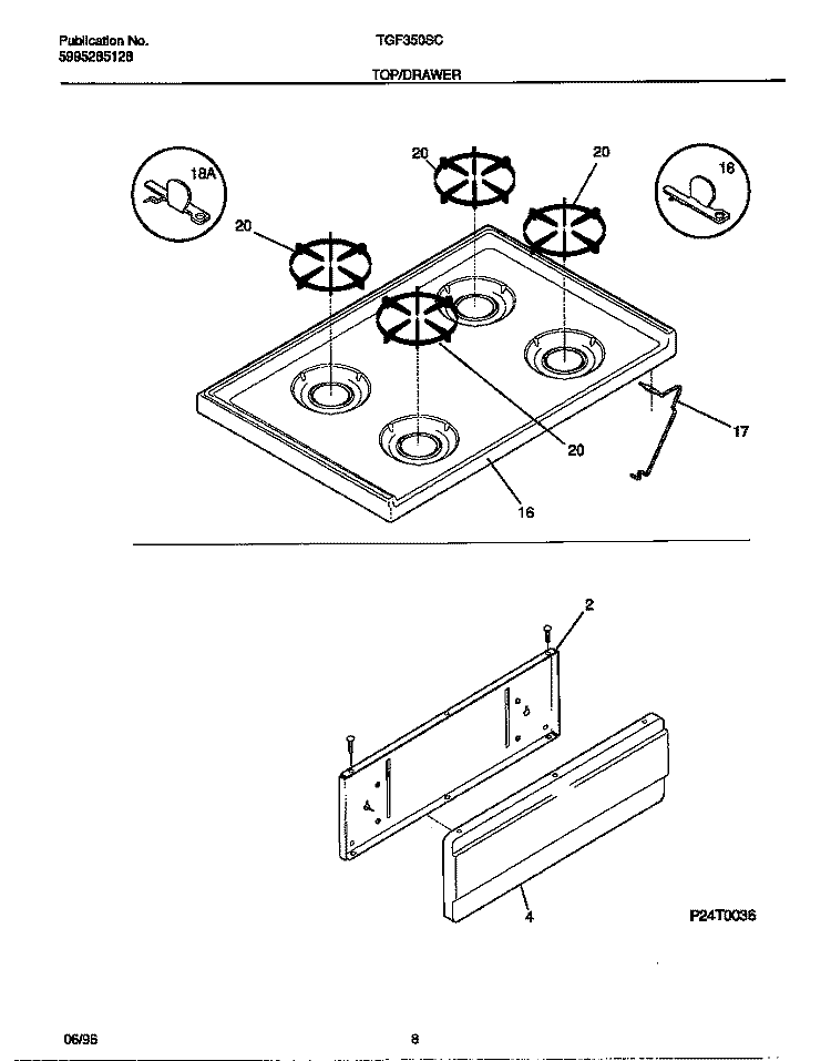 TOP / DRAWER Diagram and Parts List for TGF350SCWC  Tappan Range