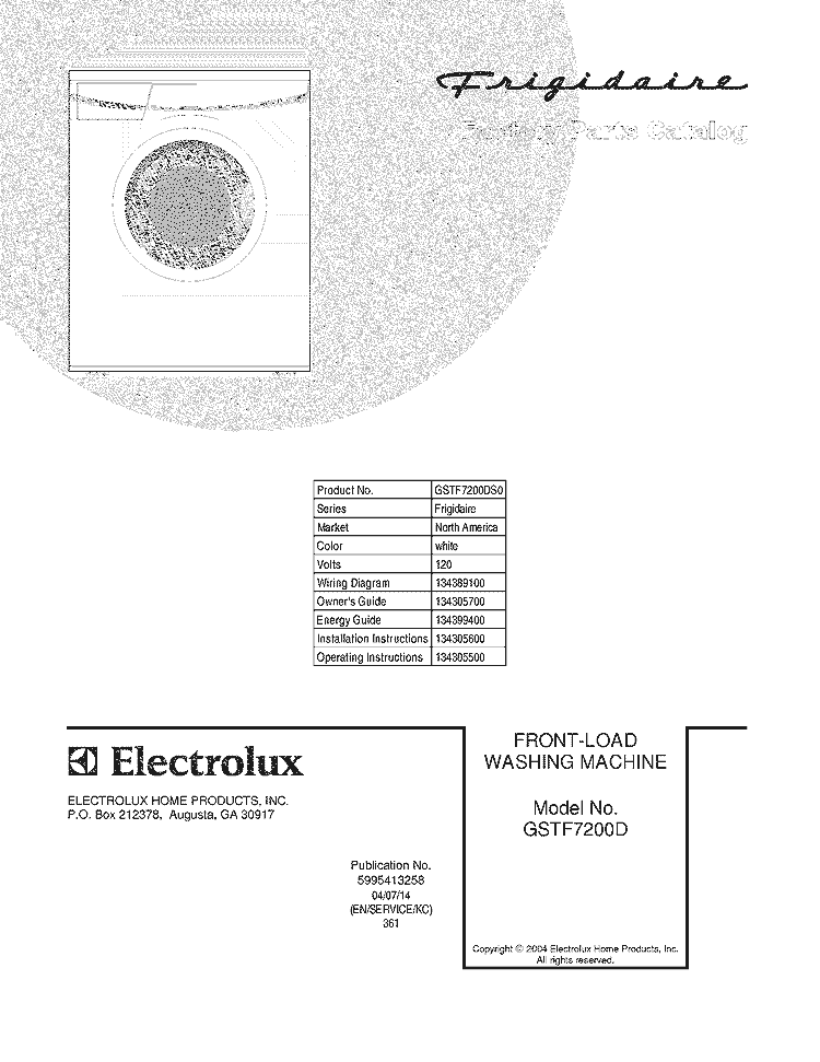 COVER Diagram and Parts List for GSTF7200DS0  Frigidaire Washer