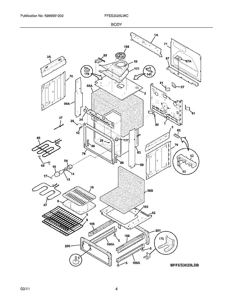 BODY Diagram and Parts List for FFES3025LWC  Frigidaire Wall Oven