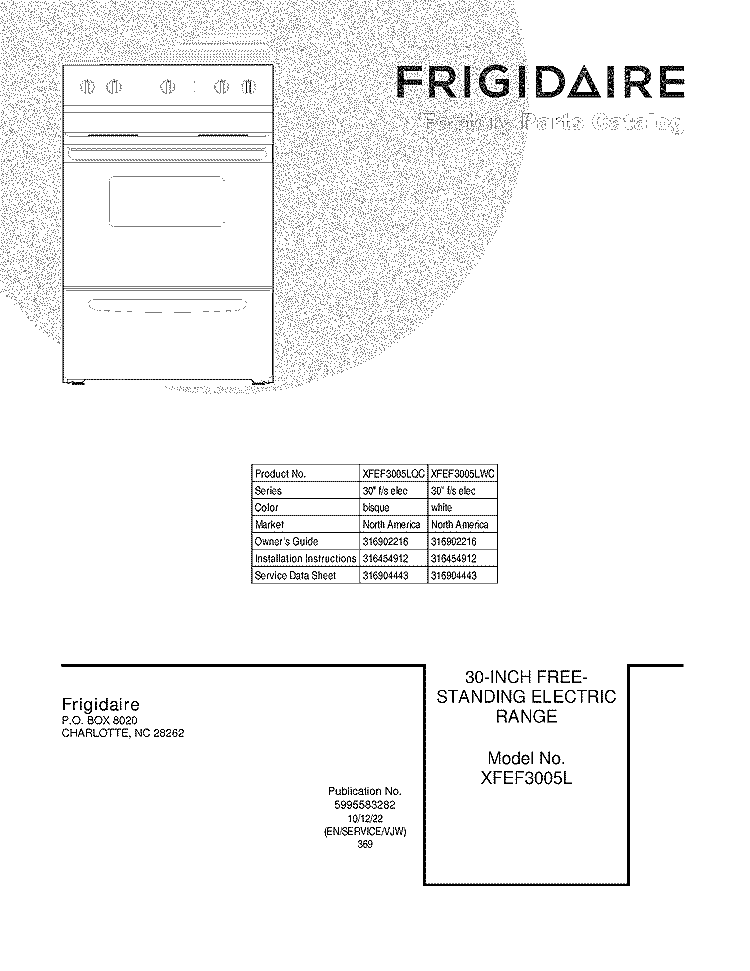 COVER Diagram and Parts List for XFEF3005LWC  Frigidaire Range