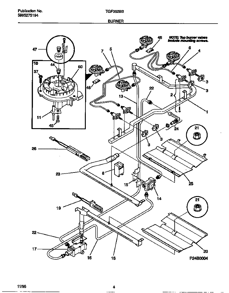 BURNER Diagram and Parts List for TGF362BBBB  Tappan Range