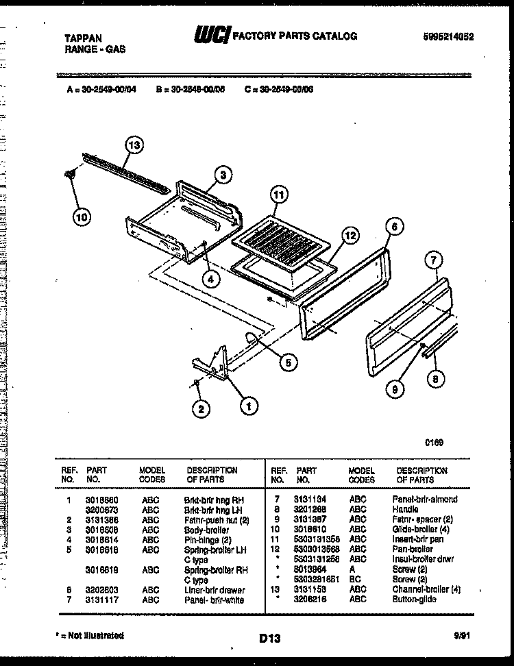 BROILER DRAWER PARTS Diagram and Parts List for 30-2549-00-06  Tappan Range