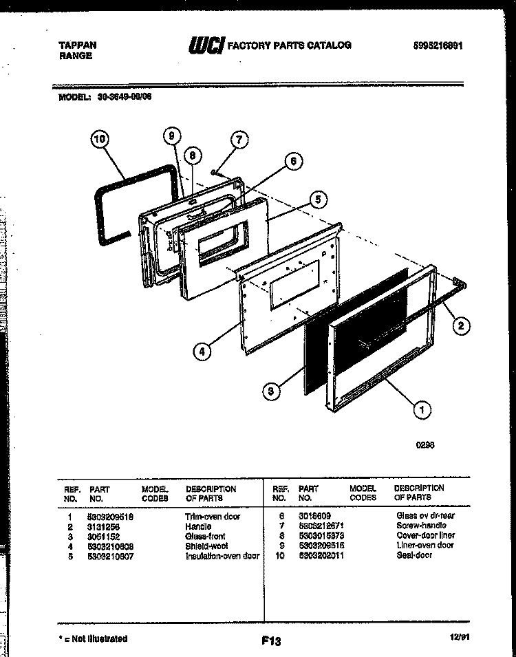 DOOR PARTS Diagram and Parts List for 30-3649-66-06  Tappan Range