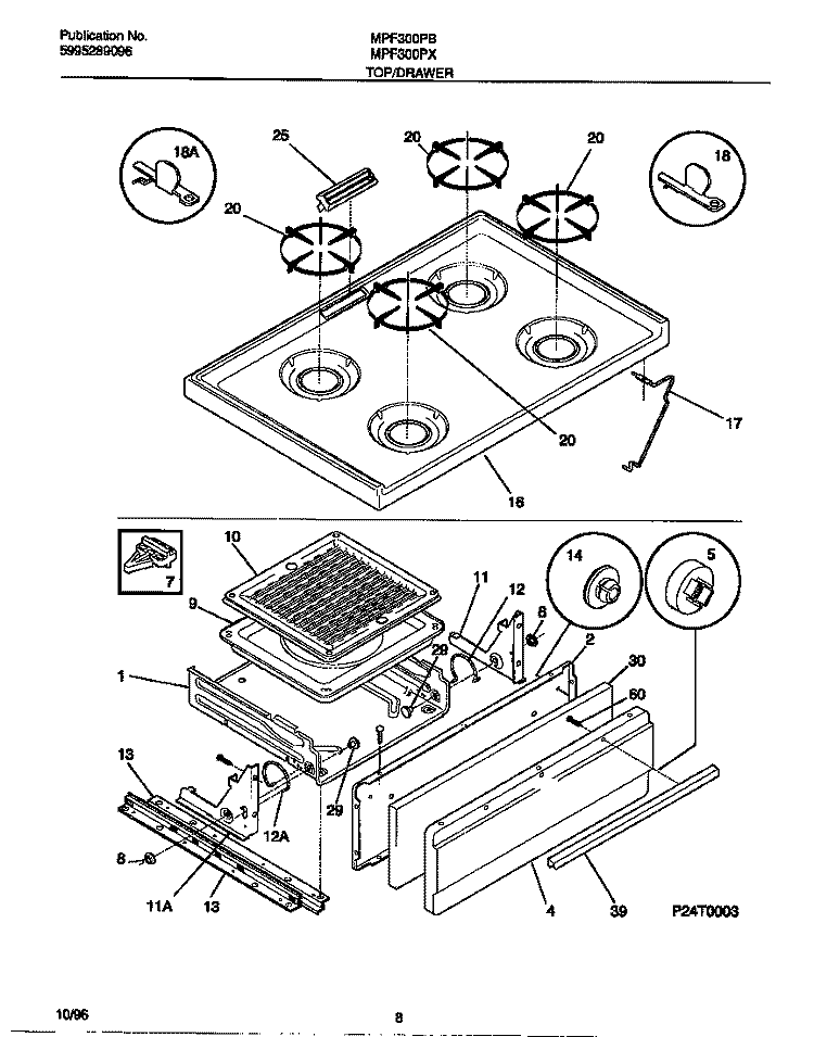 TOP / DRAWER Diagram and Parts List for MPF300PBWD  Frigidaire Range