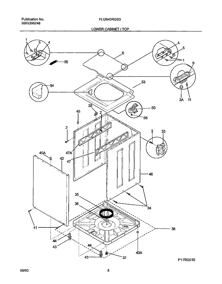 LOWER CABINET / TOP Diagram and Parts List for FLGB43RGS3  Frigidaire Washer Dryer Combo